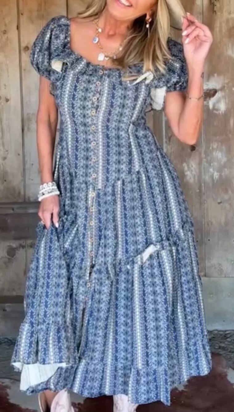 DAVI & DANI Dress Large Tiered Blue Floral Farm Western